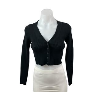 Windsor Black Ribbed Knit Long Sleeve V Neck Button Up Cardigan Crop Top Size S